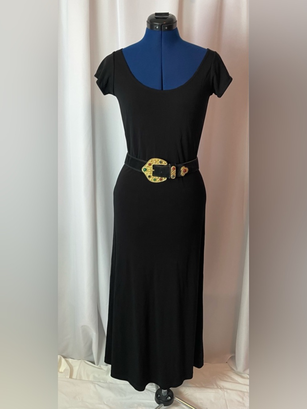 Black Ballet Neck Short Sleeve Travel-Friendly Dress Sz S-M